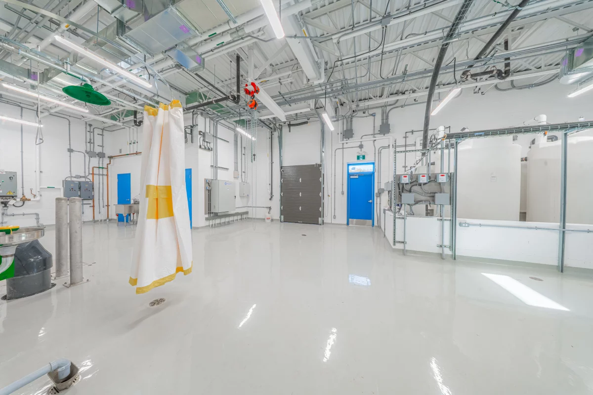 Aire de production avec structure d'acier apparente et équipements industriels